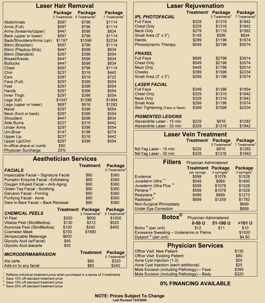 Skinpeccable Menu with Prices
